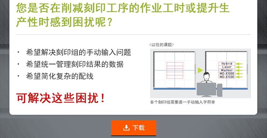 您是否在削减刻印工序的作业工时或提升生产性时感到困扰呢？ / 希望解决刻印组的手动输入问题, 希望统一管理刻印结果的数据, 希望简化复杂的配线 / 可解决这些困扰！