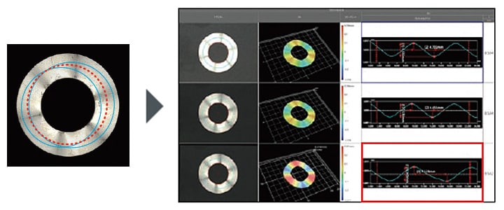 使用接触式（左）和VR系列（右）比较、分析翘曲测量数据
