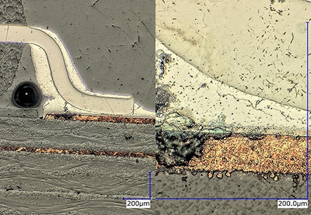 IC截面的焊锡裂纹观察（左：150×/右：1000×）