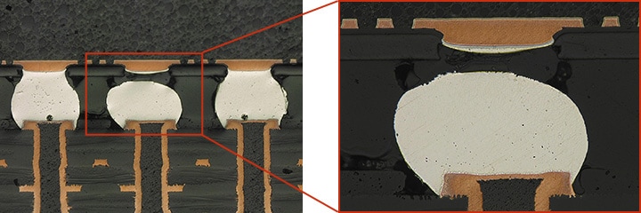 BGA截面：焊瘤裂纹导致的导电不良观察（左：200×/右：500×）